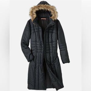 Women's Black Quilted Coat with Faux Fur Hood